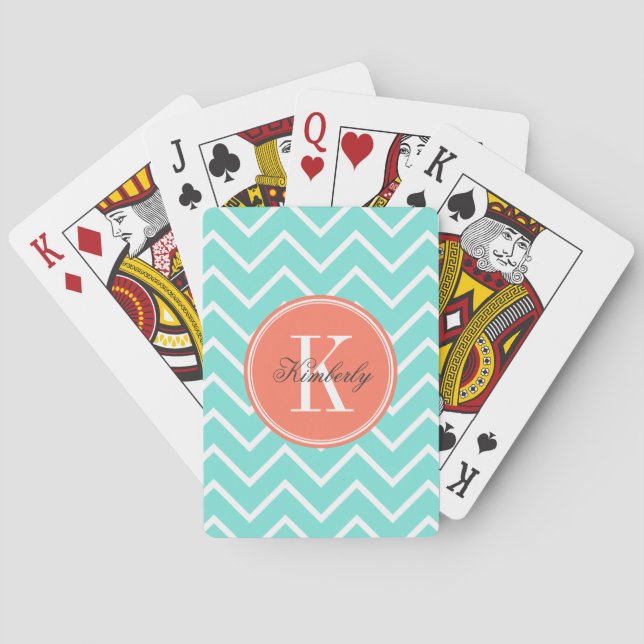 Jeu De Cartes Chevron Turquoise avec Monogramme orange (dos)
