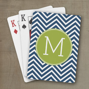 Jeu De Cartes Chevrons bleu marine et vert citron Monogramme per