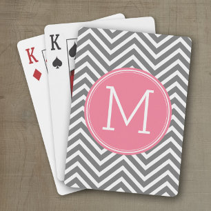 Jeu De Cartes Chevrons gris et rose avec Monogramme personnalisé