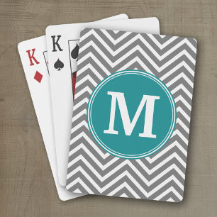 Jeu De Cartes Chevrons Turquoise et Charbon Monogramme personnal