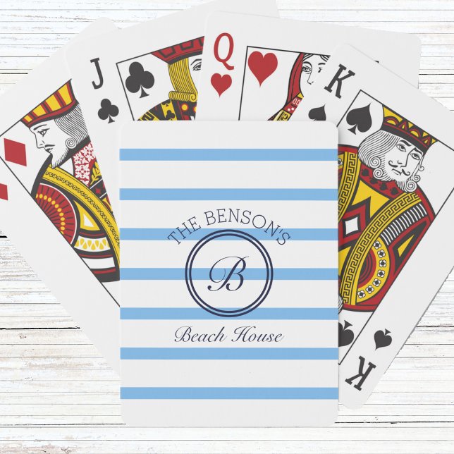 Jeu De Cartes Chic Blue Stripes Monogramme et nom de famille Pla (Créateur téléchargé)