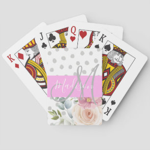 Jeu De Cartes Chic & Girly Floral Blanc Rose Gris Monogram Nom