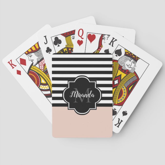 Jeu De Cartes Chic rose et noir larges bandes Nom et monogramme (dos)