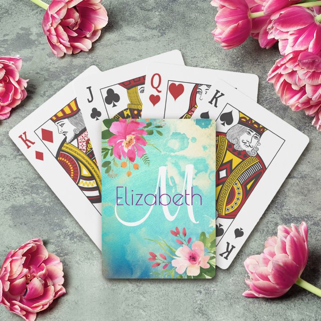 Jeu De Cartes Chic Turquoise bleu Floral Aquarelle Monogramme (Créateur téléchargé)