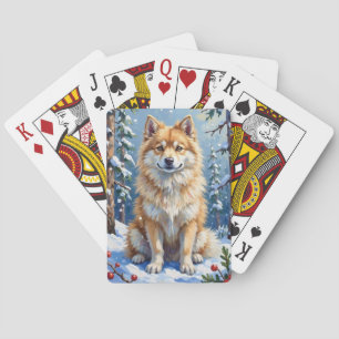 Jeu De Cartes Chien Esquimau Américain Floral de forêt d'hiver