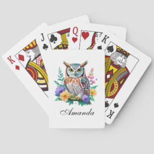 Jeu De Cartes Chouette aquarelle et fleurs colorées