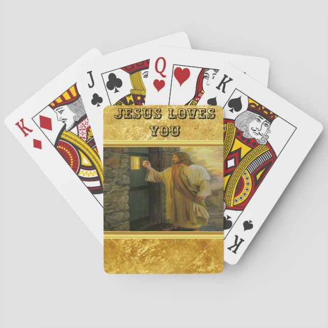 Jeu De Cartes Christ frappe sur une porte Patinée en bois or (dos)