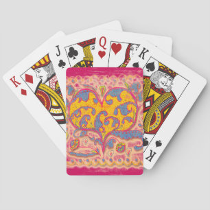 Jeu De Cartes Coeur d'art populaire avec feuilles et fleurs