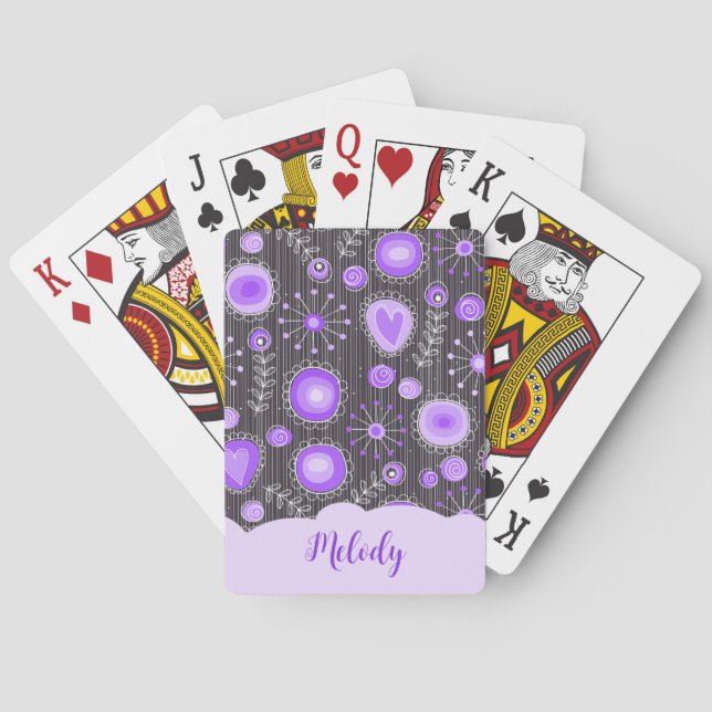 Jeu De Cartes Coeur gris violet blanc et nom floral (dos)