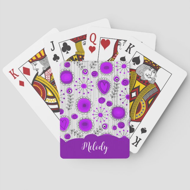 Jeu De Cartes Coeurs blancs violet blanc Whimsical fleurs nom fl (dos)