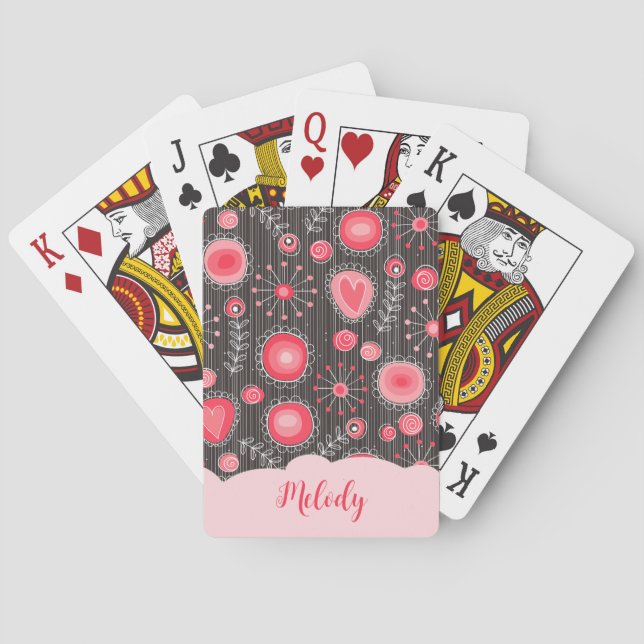 Jeu De Cartes Coeurs gris-blanc et fleurs nom floral (dos)