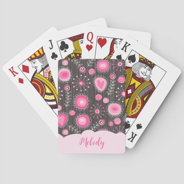 Jeu De Cartes Coeurs gris rose blanc et nom fleuri (dos)