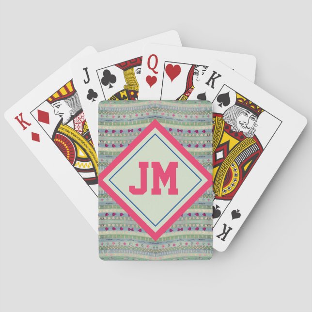 Jeu De Cartes Coeurs rose et vert Motif et vos initiales (dos)
