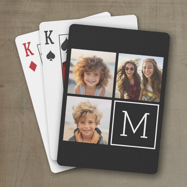 Jeu De Cartes Collage photo tendance noir et blanc avec Monogram (Personalized playing cards with a fun area to add photos and text such as a name or monogram)