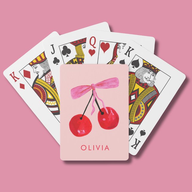 Jeu De Cartes Coquette Cherry & Bow (Coquette cherry and bow girly playing cards. Personalize with your own name or initials.)