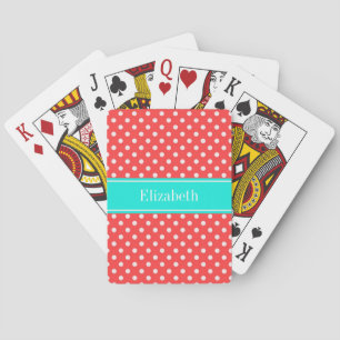 Jeu De Cartes Coral and White Polka Dots Brt Aqua Nom Monogram