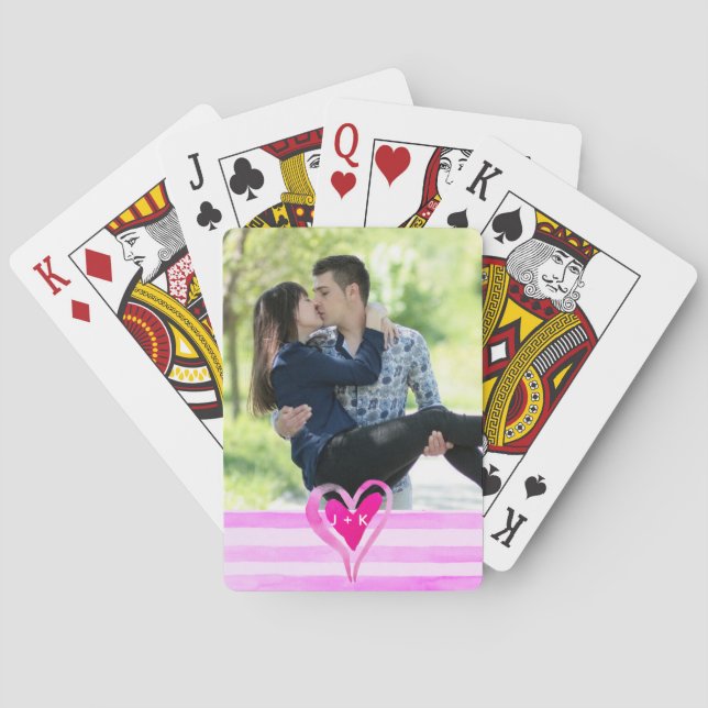 Jeu De Cartes Couples personnalisés Photo Aquarelle Coeur (dos)