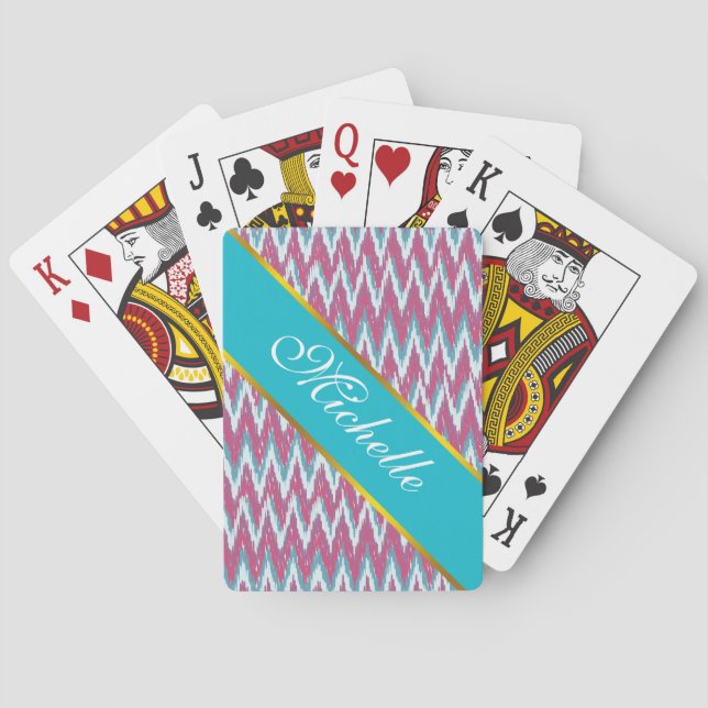 Jeu De Cartes Cranberry et Turquoise Motif iKat ZigZag (dos)