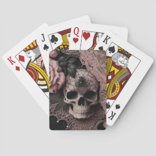 Jeu De Cartes Crâne avec dentelle rose et fleur rose doux