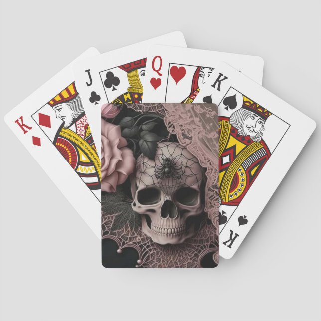 Jeu De Cartes Crâne avec dentelle rose et fleur rose doux (dos)
