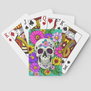 Jeu De Cartes crâne coloré avec fleurs