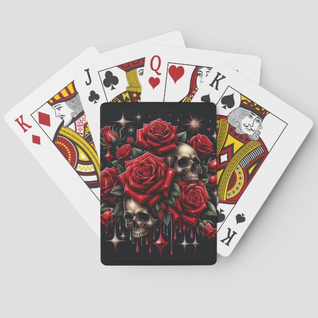Jeu De Cartes Crânes d'or et roses rouges étincelante gothique (dos)