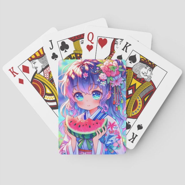 Jeu De Cartes Cute Anime Girl Manger Watermelon sur une journée  (dos)