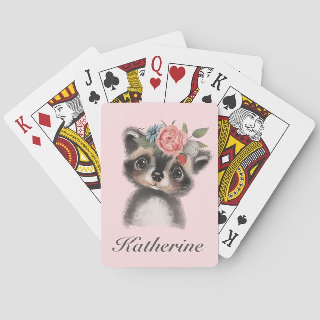 Jeu De Cartes Cute Aquarelle Raccoon rose Floral (dos)