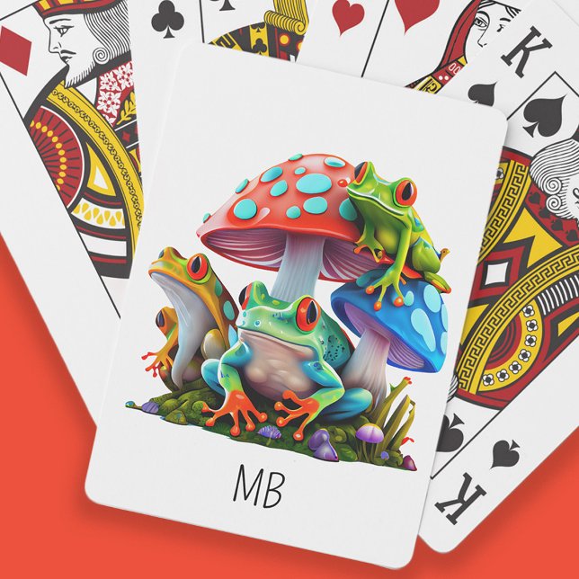 Jeu De Cartes Cute Frogs Champignons Bleus Rouge Monogramme (Cute frogs and colorful mushrooms/toadstools playing cards customized with your monogram/initials)