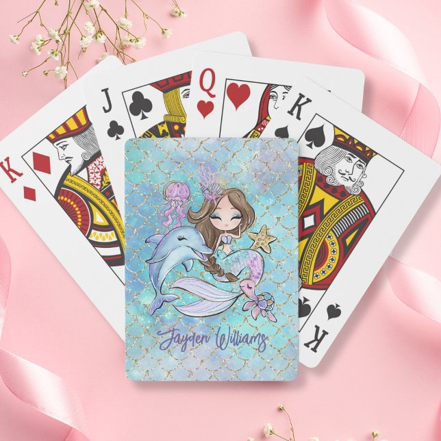 Jeu De Cartes Cute Mermaid Cheveux Brown Nom personnalisé Fille  (Cute Mermaid Brown Hair Custom Name Girl Birthday Poker Cards
)