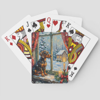 Jeu De Cartes Dachshund vintage devant une fenêtre de Noël cosy