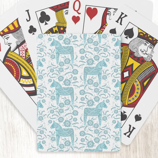 Jeu De Cartes Dala suédois Cheval Turquoise Green Folk Art (Teal green and white Swedish Dala Horse art playing cards)