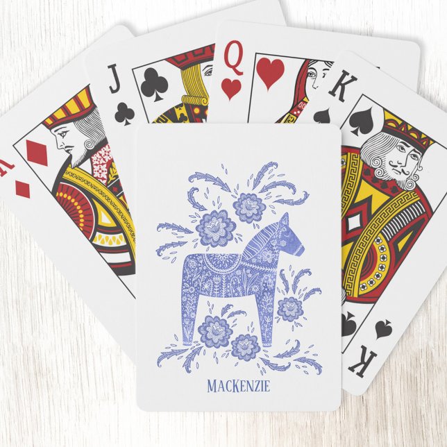 Jeu De Cartes Dala Suédoise Horse Nom Personnalisé Blue Playing  (Swedish Dala Horse folk art blue and white personalized name playing cards)