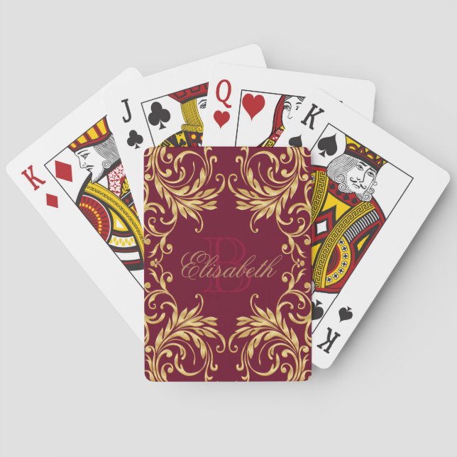Jeu De Cartes Damassé d'or de monogramme sur rouge foncé (dos)