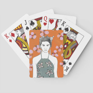 Jeu De Cartes Dame aux fleurs roses - Orange
