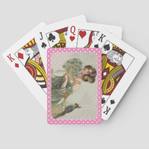 Jeu De Cartes Dame et perroquet vintage rose et blanc à pois