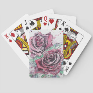 Jeu de cartes de jeu à l'aquarelle rouge à fleurs