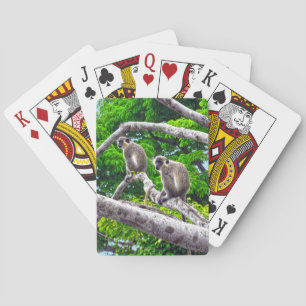 Jeu De Cartes Deux Singes Verts Assis Dans L'Arbre Jouant Aux Ca