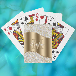 Jeu De Cartes Diamants, Grand Monogramme Or, Nom De Script Blanc