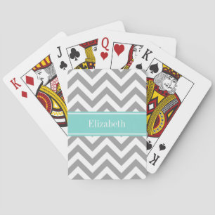 Jeu De Cartes Dk Gris Blanc LG Chevron Turquoise Monogramme Nom
