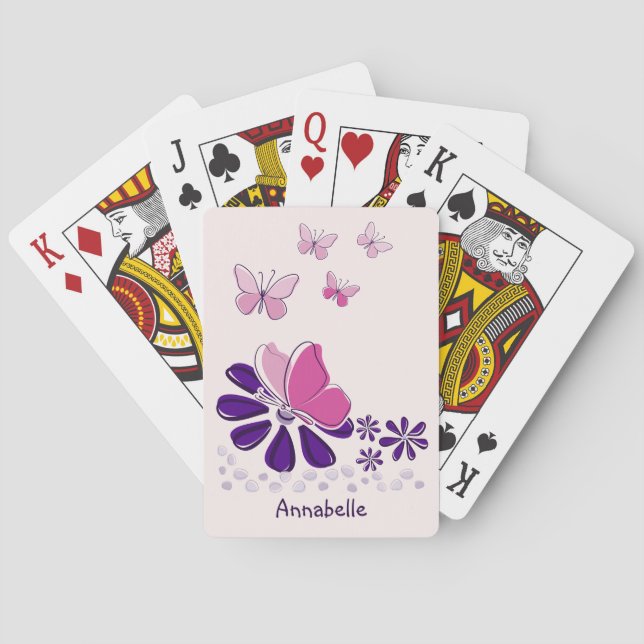 Jeu De Cartes Doodle à fleurs et papillons violets Votre nom (dos)