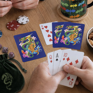 Jeu De Cartes Dragon Japonais Koi Lotus Mythique Asien Bleu