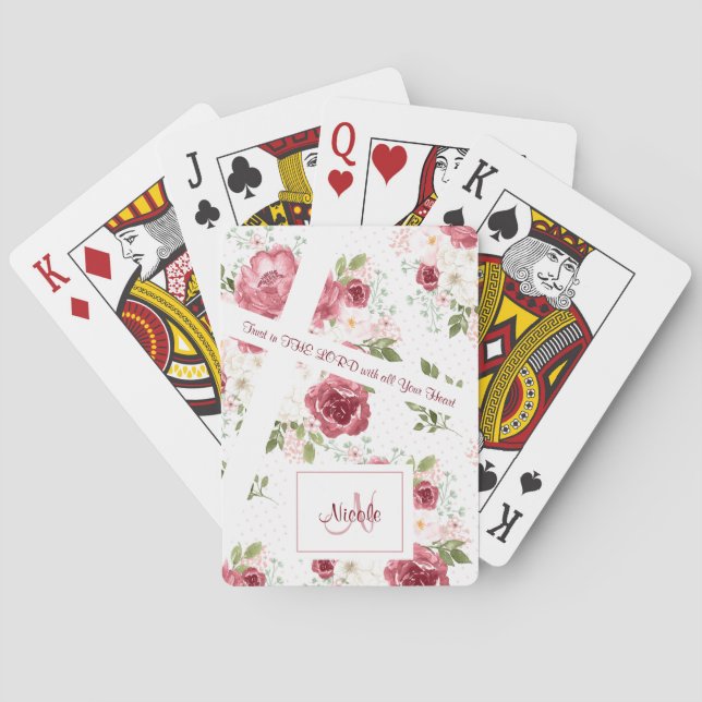 Jeu De Cartes Écriture chrétienne Rose Nom floral et Monogramme (dos)