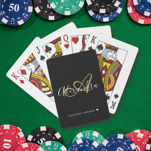 Jeu De Cartes Élégant Black Gold Script Nom initial Monogramme