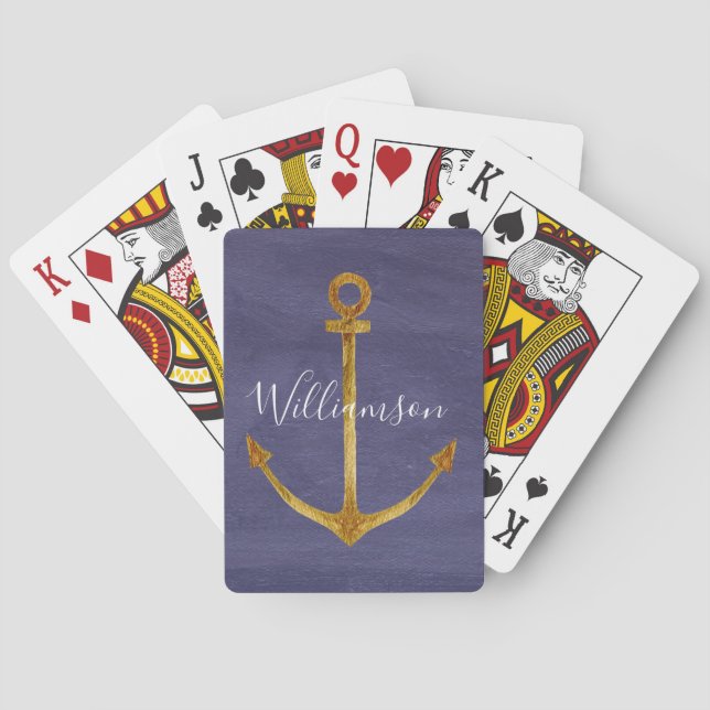 Jeu De Cartes Élégant bleu Ancre d'or nautique (dos)