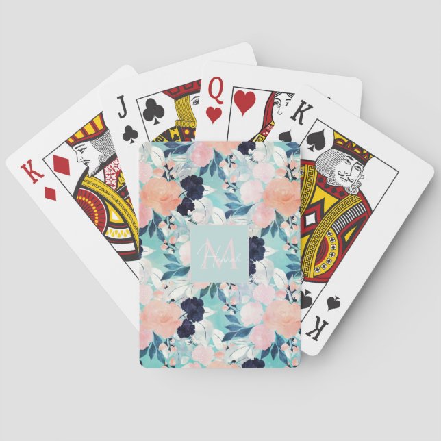 Jeu De Cartes Elégant bleu rose Fleurs de menthe Aquarelle Flora (dos)