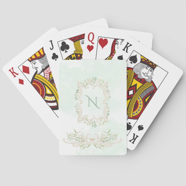 Jeu De Cartes Elégant Eucalyptus Monogramme Cadre vert ivoire (dos)
