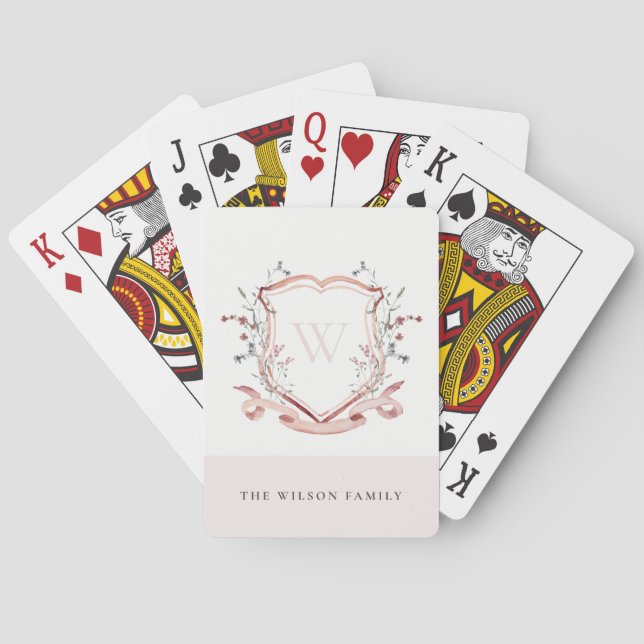 Jeu De Cartes Élégant Fleur sauvage rose Aquarelle Crest Monogra (dos)