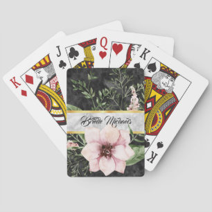 Jeu De Cartes Élégant Marbre Noir Rose Floral Avec Nom