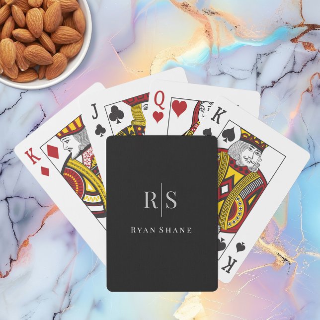 Jeu De Cartes Élégant monogramme gris et nom blanc sur noir (Créateur téléchargé)